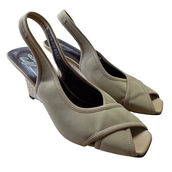 Donald J Pliner Tyna Sandal Wedge Textile Crossover Peep Toe Beige Women Size 7M - Picture 1 of 11
